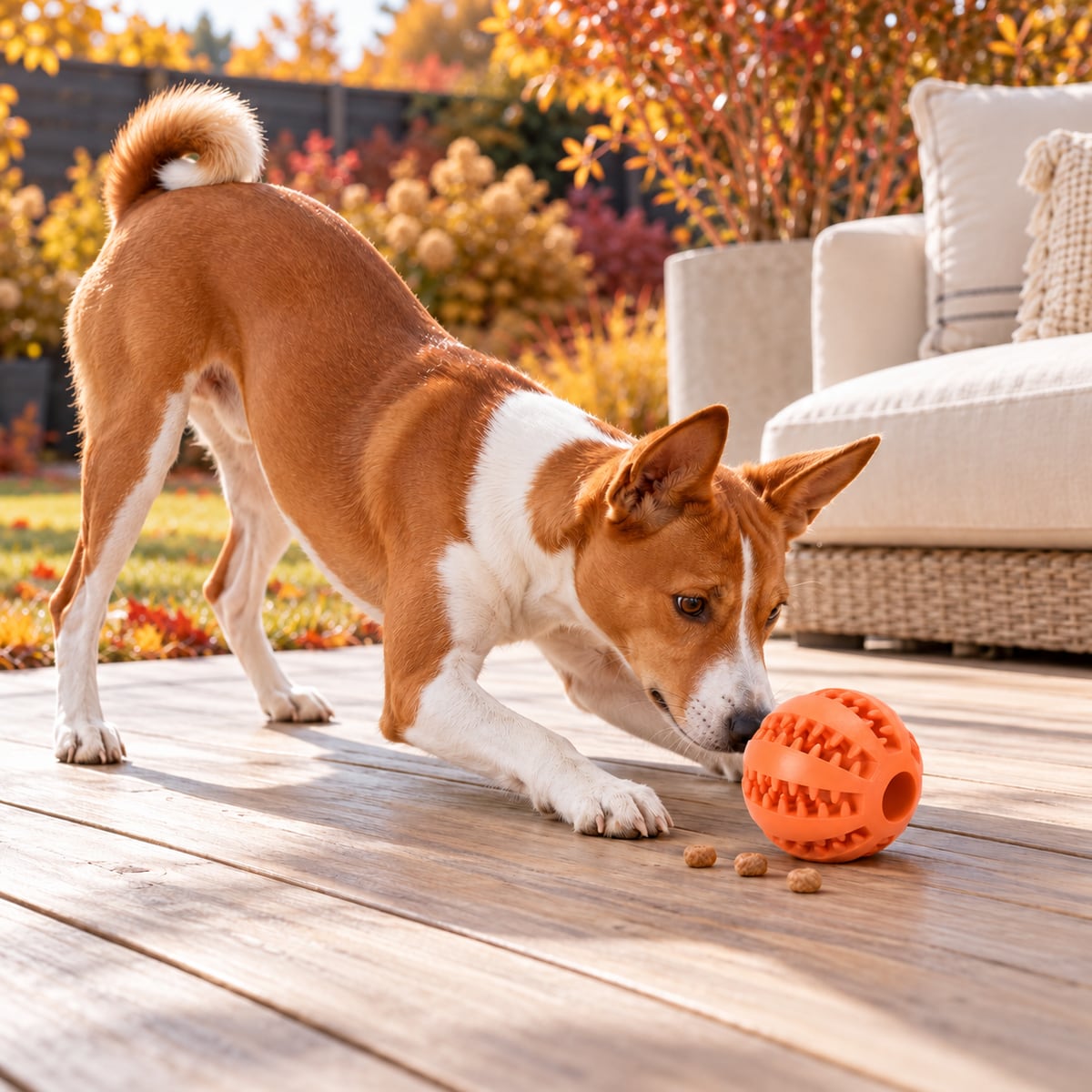 Basenji sniffing out kibble next to an orange rubber treat ball on an autumn porch