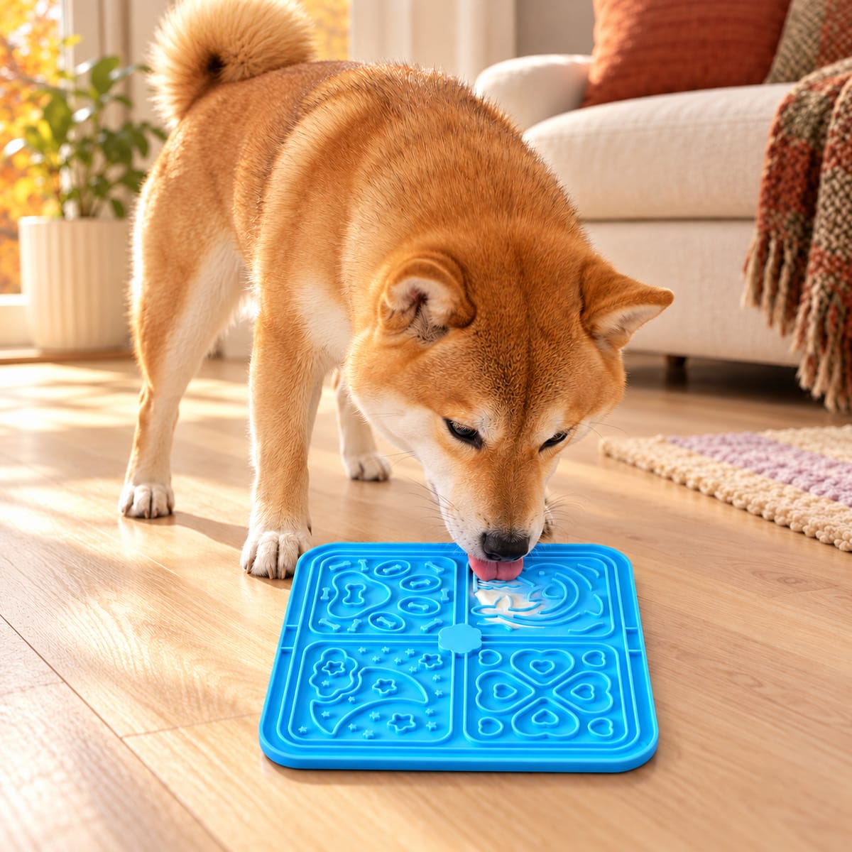 Shiba Inu licking a blue silicone lick mat on a wooden floor