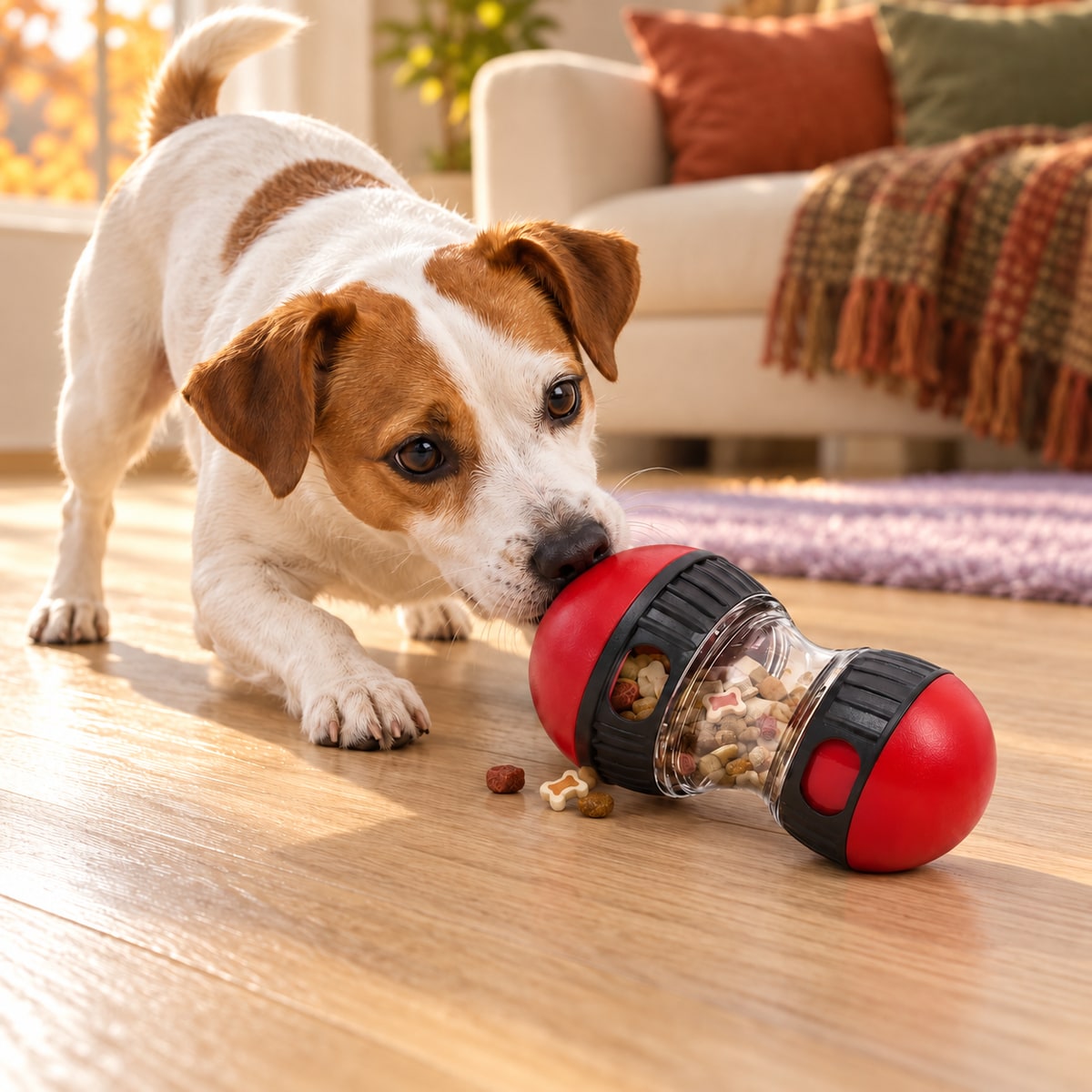 Jack Russell terrier nudging a red and black wobble treat dispenser