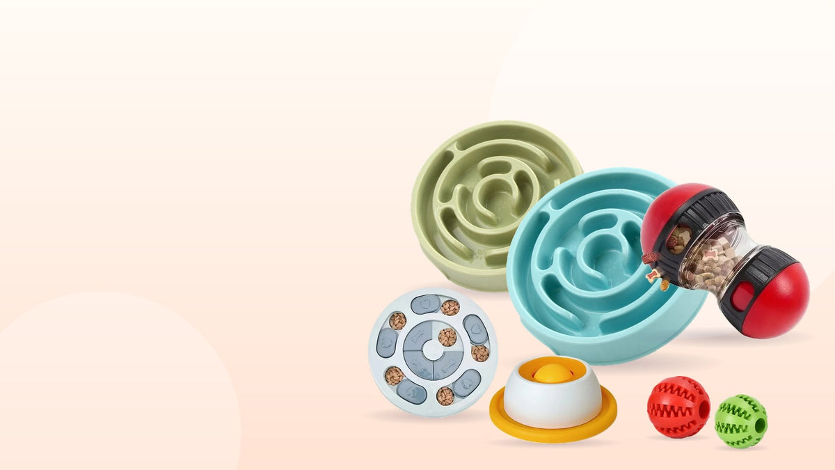 DogFeedPlay slow feeder bowls, puzzle feeder, lick feeder, treat dispenser and treat balls