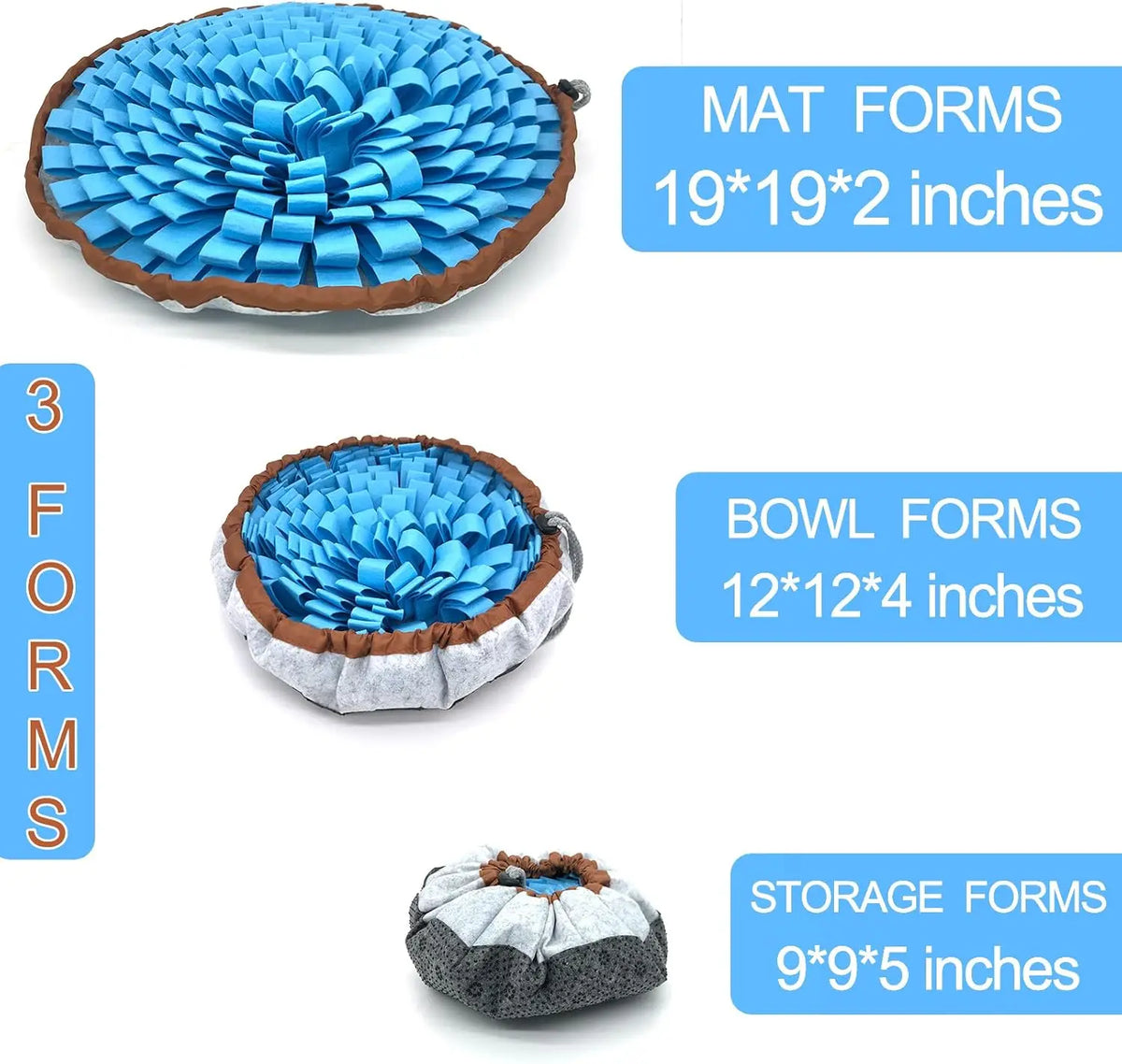 Snuffle mat in mat, bowl and storage forms with sizes