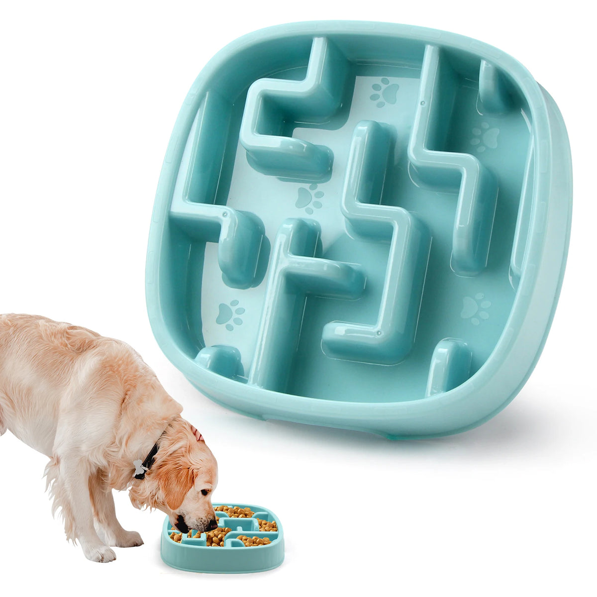 Blue square maze slow feeder bowl with a dog eating from a matching bowl