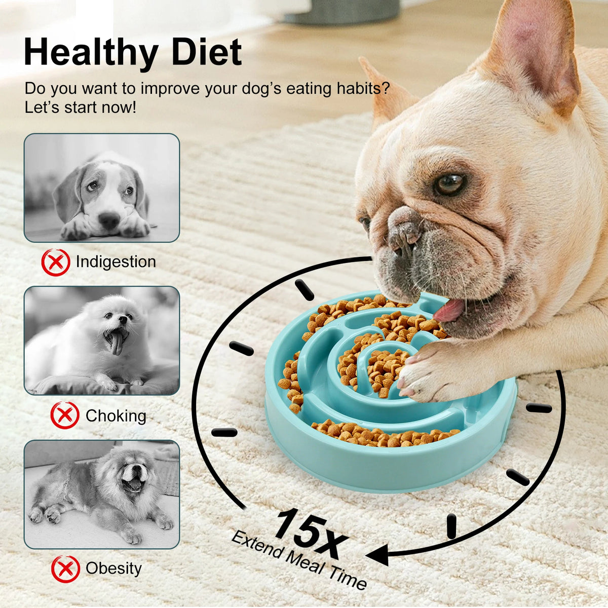 Dog eating from a round maze slow feeder bowl