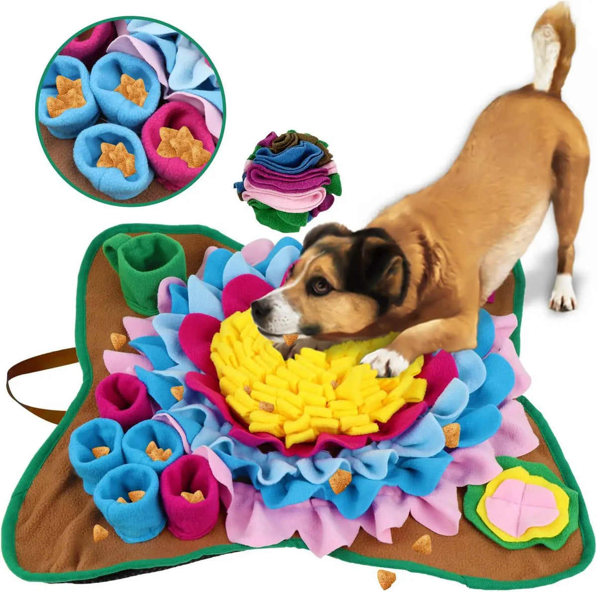 Dog sniffing a sunflower snuffle mat for hidden treats