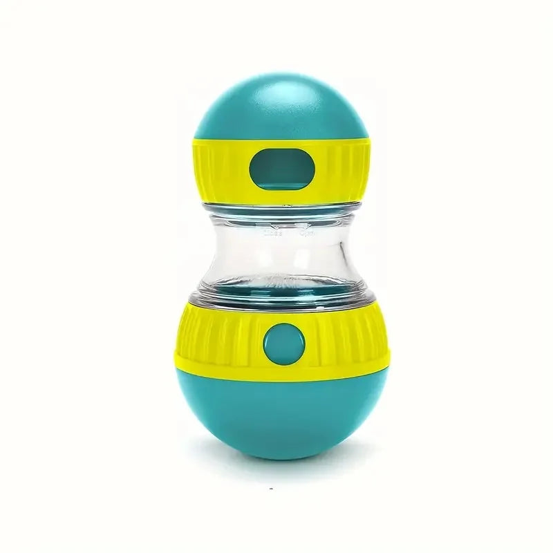 Blue and yellow wobble treat dispenser standing upright