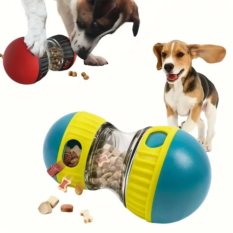 Dogs playing with a wobble treat dispenser
