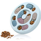 Round puzzle feeder filled with kibble