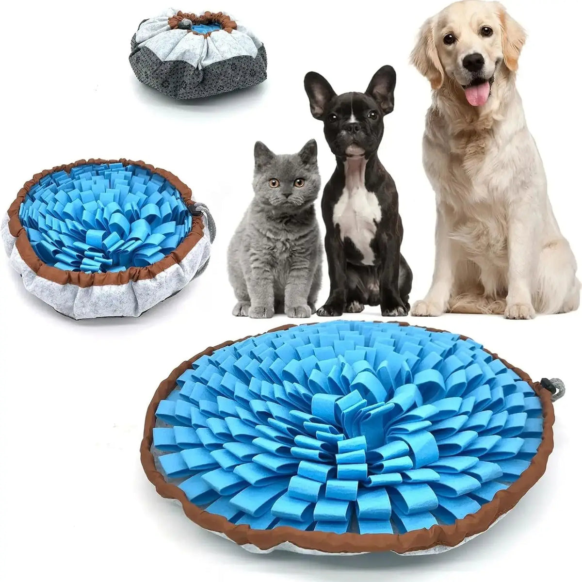 Blue snuffle bowl mat with dogs and a cat