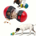 Red and black wobble treat dispenser with a dog