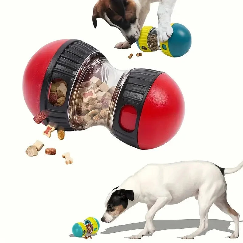 Red and black wobble treat dispenser with a dog